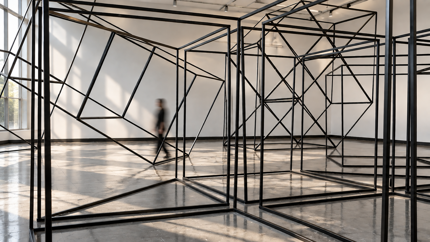 Sala de Leitura — instalação, 2013; pessoa em movimento entre estruturas de aço